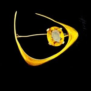Vtg Art Deco Brooch Pin Signed Bronson 18K Gold Modernist Orange‎ Stone 8.99g